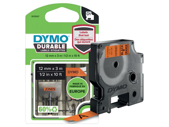 Dymo Tape Durable D1 12mm svart på orange, st
