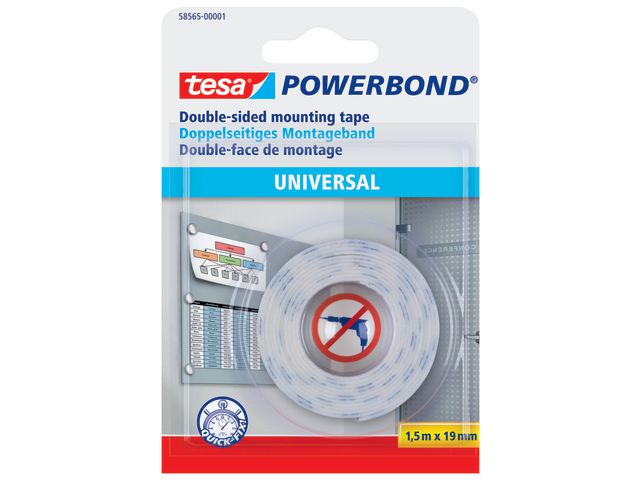 tesa® Dubbelsidig fästtejp, Powerbond® Universal, vit, 19 mm x 1,5 m, 58565, rulle om 1.5 m