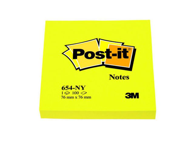 Post-it® Notislappar, 76 x 76 mm, neongula, 100 blad, 654-NY, block om 100 blad