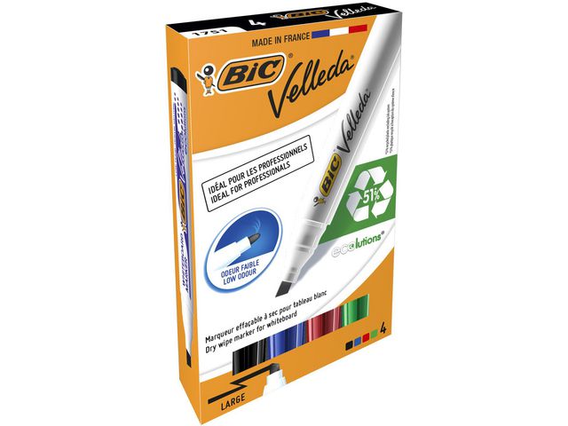BIC® Whiteboardpenna Velleda® 1751, snedskuren spets, 3,7–5,5 mm linjebredd, olika färger, fp om 4 st
