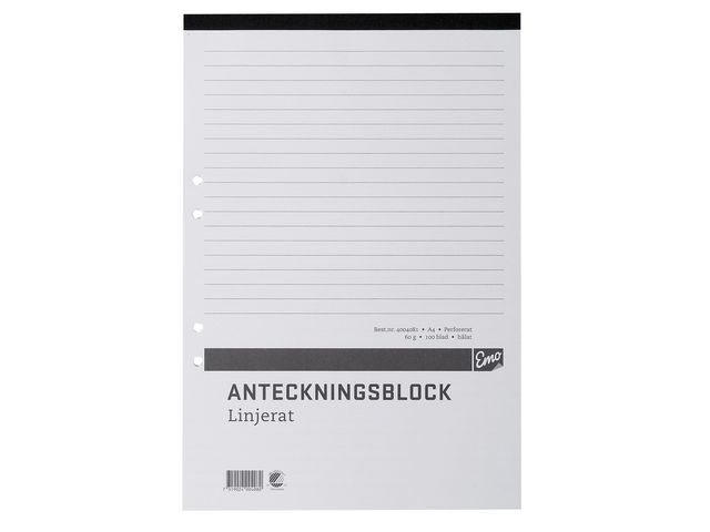 Anteckningsblock A4 100 blad linjerat hålat perforerat, st