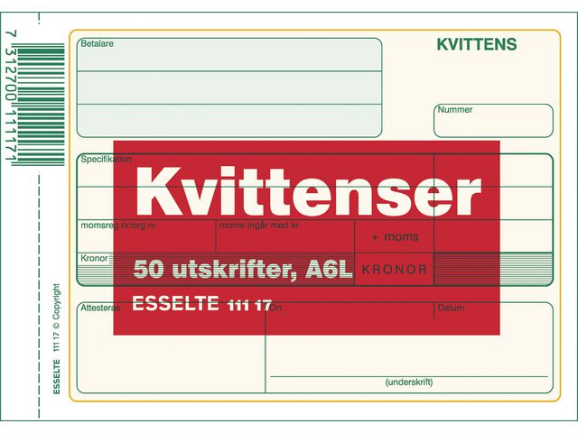 Esselte Blankett kvittens A6L 50 blad, st