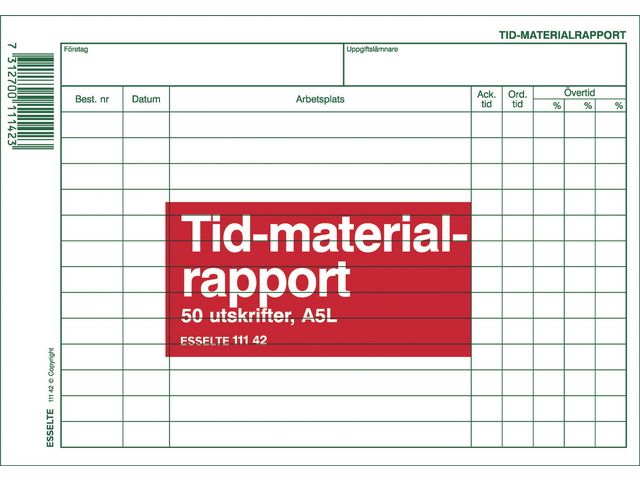 Esselte Blankett Tid- och Materialrapport A5L 50 blad, st