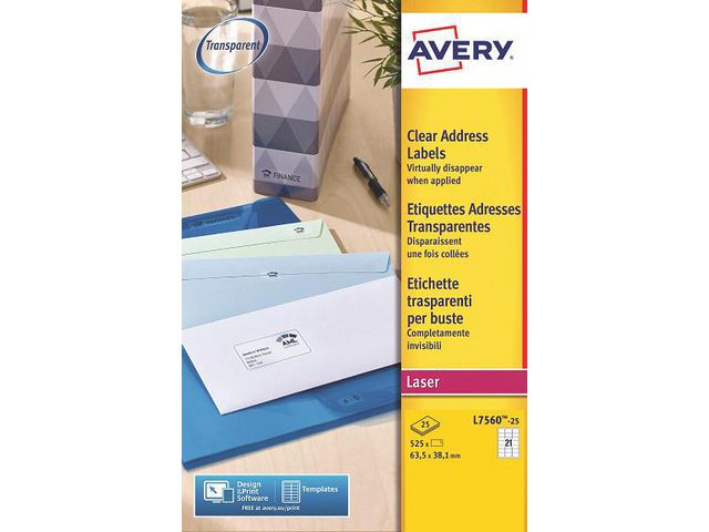 Avery Etikett transparent 63,5x38,1mm, fp om 525 st