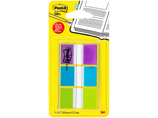 Post-it® Indexflikar med hylshållare, medium, 25,4 x 43,2 mm, olika färger, 3 x 20-pack, kort 3 block