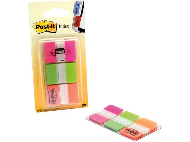 Post-it® Indexflikar Strong små, 25,4 x 38 mm, olika färger, 3 x 22-pack med hylshållare, fp om 66 st