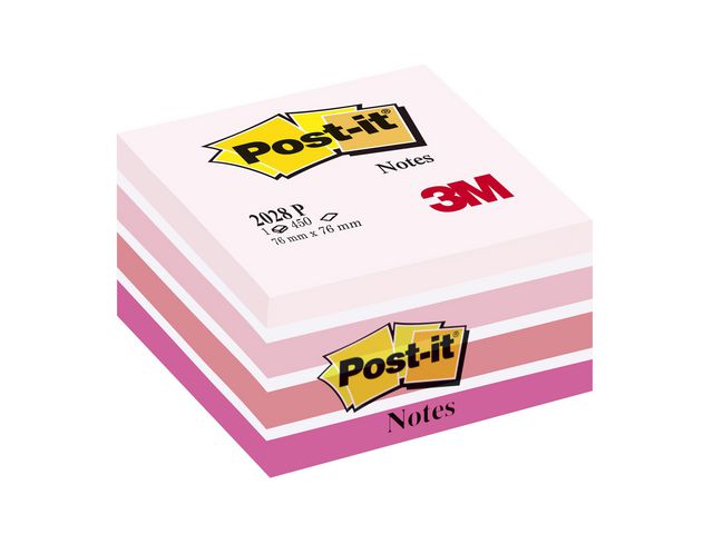 Post-it® Sticky-notislappar, kub, 76 x 76 mm, rosa, 450 blad, 2028-P, block om 450 blad