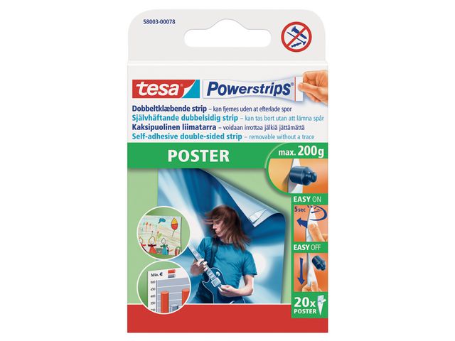 tesa® Powerstrips® POSTER dubbelsidiga, självhäftande fästremsor, vita, 58003, 20-pack, fp om 20 st