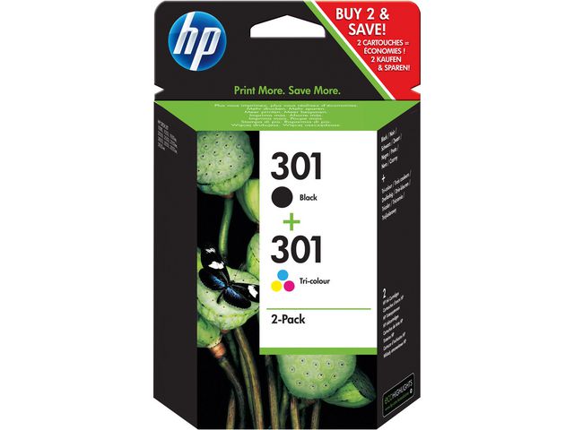 HP Bläckpatron, 301, svart och färg, kombinationsförpackning, N9J72AE, fp om 2 st