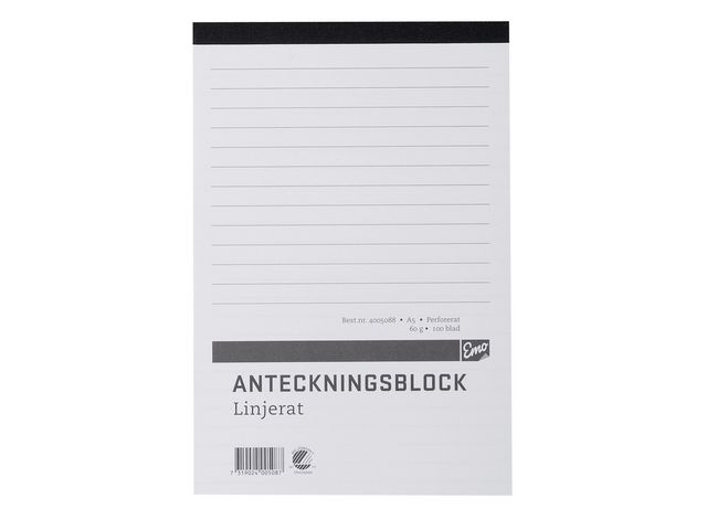 Anteckningsblock A5 100 blad linjerat ohålat perforerat, st