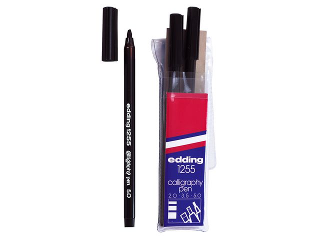 edding Fiberspetspenna 1255, för kalligrafi, 2–5 mm spets, svart pennkropp, svart bläck, fp om 3 st