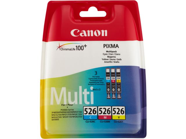Canon Bläckpatron, PIXMA CLI-526, 4541B009, ChromaLife100+, cyan, magenta, gul, multiförpackning, fp om 3 st