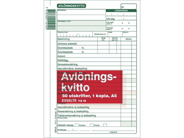Esselte Blankett Avlöningskvitto A5 2x50  blad, st