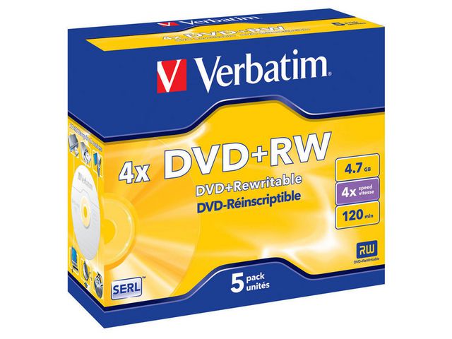 Verbatim Blank DVD+RW, omskrivbar, 4,7 GB/120 min, 4x hastighet, fp om 5 st
