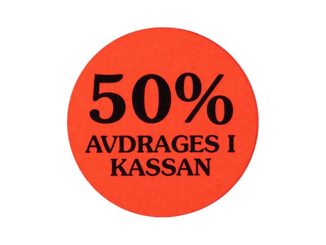Etikett 50% avdrages i kassan, st