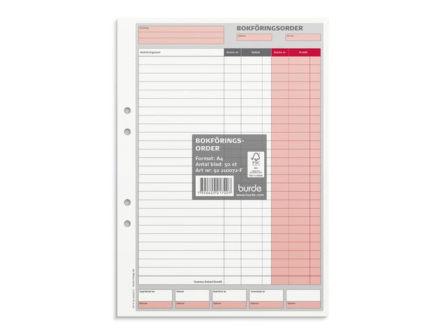 Burde Blankett bokföringsorder A4 50 blad, st