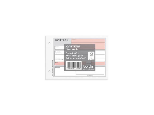 Burde Blankett kvittens A6L 50 blad, st