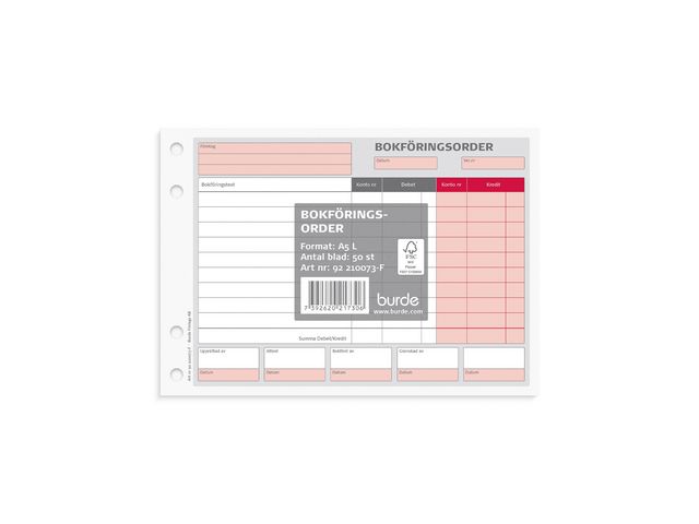 Burde Blankett bokföringsorder A5L 50 blad, st