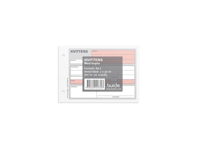 Burde Blankett kvittens A6L med 1 kopia 2x50 blad, st