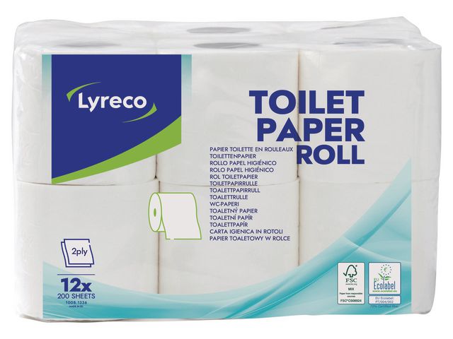 Lyreco Toalettpapper 2-lagers vit, fp om 12 rullar