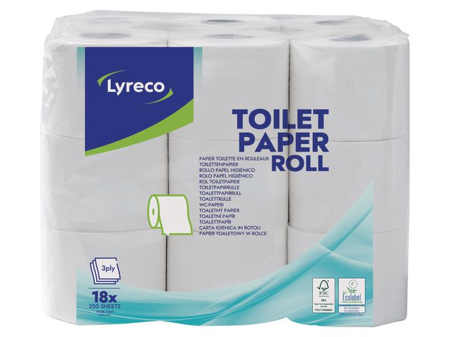 Lyreco Toalettpapper 3-lagers vit, fp om 18 rullar