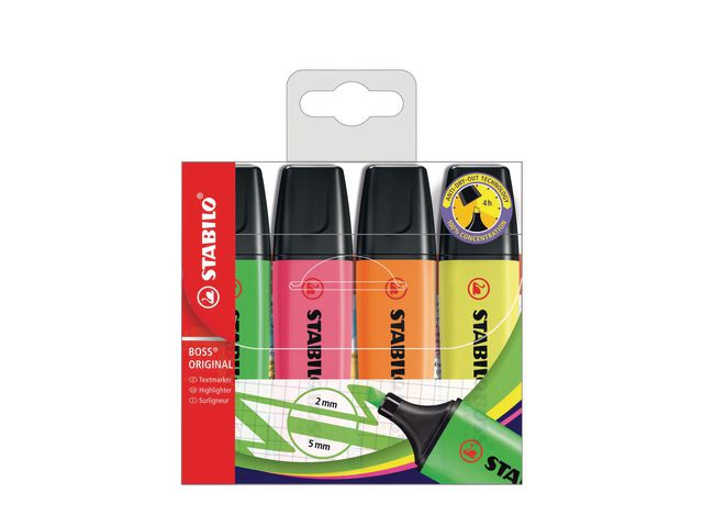 STABILO Överstrykningspenna BOSS Original sorterade fluorescerande färger snedskuren spets 2+5mm 4st/fp i en plastförpackning 70/4, fp om 4 st