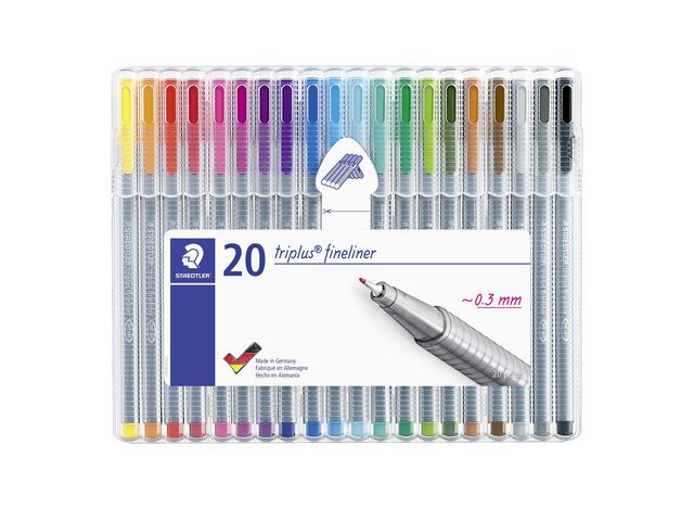 Staedtler Finelinerpenna, Triplus 334, supertunn spets, grå polypropylenpennkropp, olika bläckfärger, fp om 20 st
