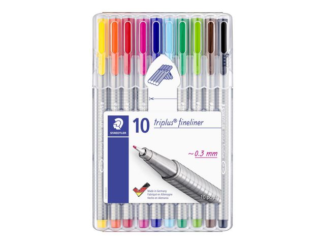 Staedtler Finelinerpenna, Triplus 334, supertunn spets, grå polypropylenpennkropp, olika bläckfärger, fp om 10 st