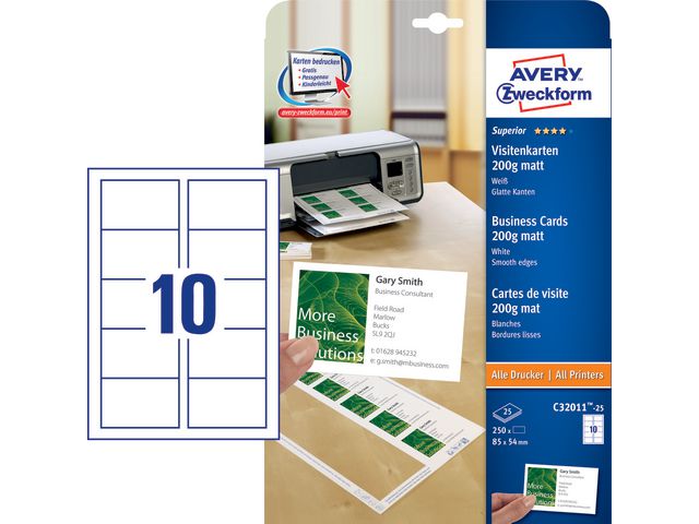 Avery Visitkort laser/inkjet 85x54 matt, fp om 250 st