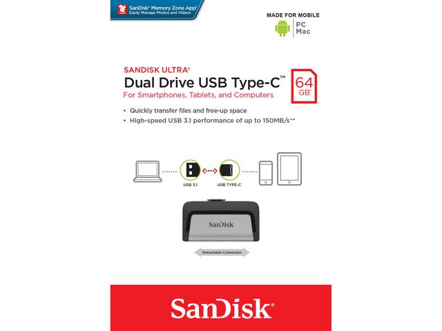 SanDisk USB-Minne, Ultra Dual USB typ C-flashenhet på 64 GB, svart/silver, st