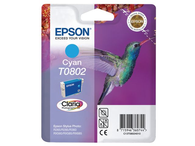 Epson Bläckpatron T0802, C13T08024010, Hummingbird, Claria Photographic-bläck, cyan, singelförpackning, st