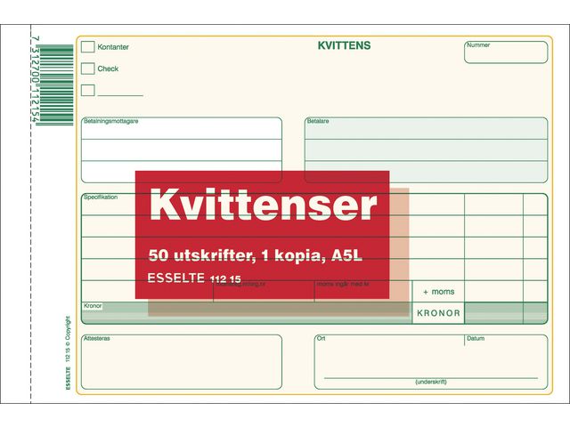 Esselte Blankett Kvittens A5L 2x50 blad, st