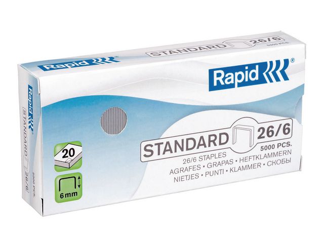 Rapid Häftklammer Standard-klamrar (26/6), 6 mm benlängd, galvaniserat stål, fp om 5000 st