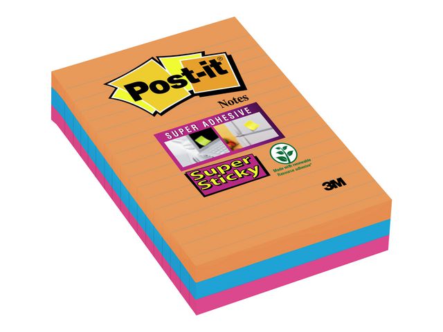 Post-it® Super Sticky, linjerade, notislappar, 101 x 152 mm, ultra, ultrablå och neonorange, förpackning med 3, 90 blad, fp om 3 st