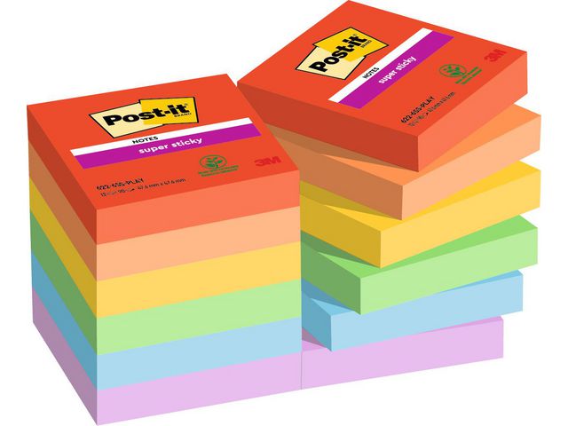 Post-it® Notes Super Sticky 47,6x47,6mm Recycled sorterade färger, fp om 12 st