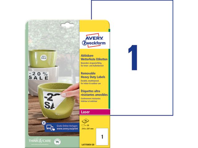 AVERY Zweckform Etikett avtagbar slitstark 210x297mm, kort 20 blad
