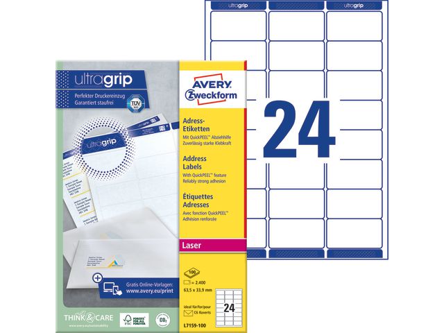 AVERY Zweckform Etikett UltraGrip 63,5x33,9mm, fp om 2400 st