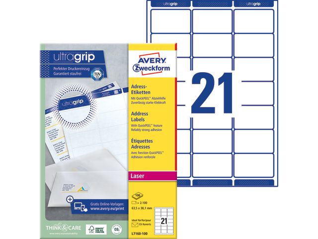 AVERY Zweckform Etikett  UltraGrip 63,5x38,1mm, fp om 2100 st