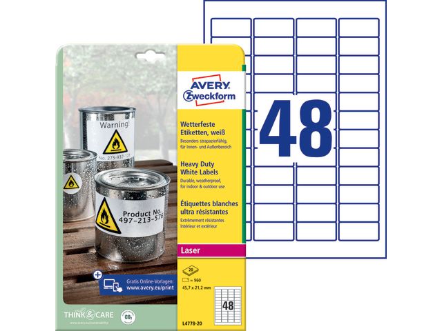 Avery Etikett slitstark 45,7x21,2mm, fp om 960 st