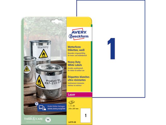 Avery Etikett slitstark 210x297mm, fp om 20 st