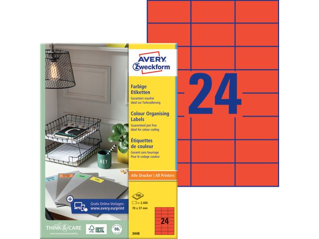 AVERY Zweckform Etikett 70X37mm röd, fp om 2400 st