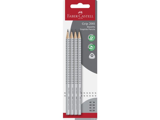 Faber-Castell Grafitpenna, Grip 2001, 2B-, B-, H-, HB-stift, triangelformad pennkropp med grepp, silver, kort 4 st