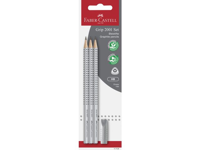 Faber-Castell Grafitpenna, Grip 2001, HB-stift, triangelformad pennkropp med greppzon, silver, kort 4 st