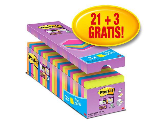 Post-it® Super Sticky-notislappar, 76 x 76 mm, olika färger, förpackning med 24 block, 90 ark, fp om 24 block