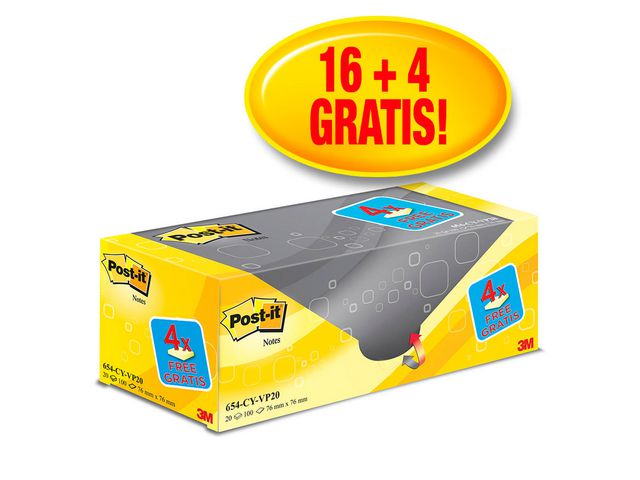 Post-it® Notislappar, 76 x 76 mm, Canary Yellow™, 20 x 100 blad, 654-CY-VP20, fp om 20 block