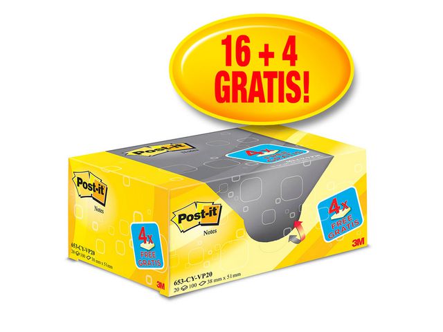 Post-it® Notislappar, 38 x 51 mm, Canary Yellow™, 20 x 100 blad, 653Y-20, fp om 20 block