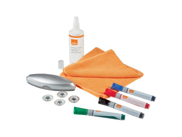 Nobo Startpaket för glaswhiteboard, 4 märkpennor, sudd, rengöringsspray, rengöringsduk, st
