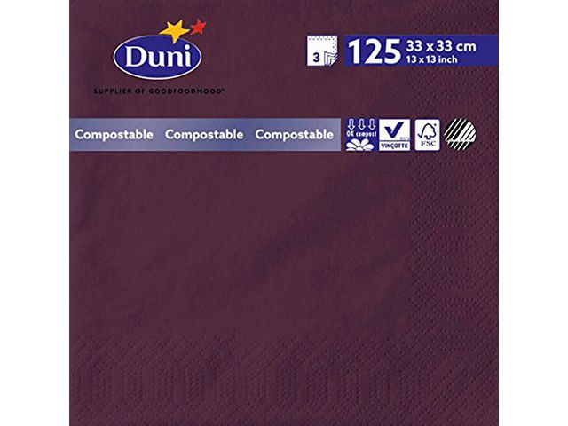 Duni Engångsservett, 3-lagers, enfärgad, ¼-vikt, 33 cm, plommon, fp om 125 st