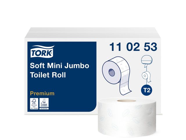 Tork Toalettpapper Premium Mini Jumbo Soft T2 2-lag vit, fp om 12 x 850 blad