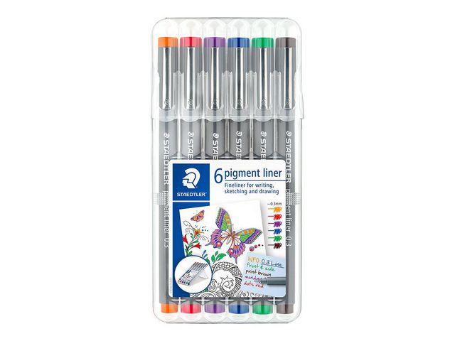 Staedtler Fineliner, pigmentpenna, tunn spets, grå pennkropp, olika bläckfärger, fp om 6 st